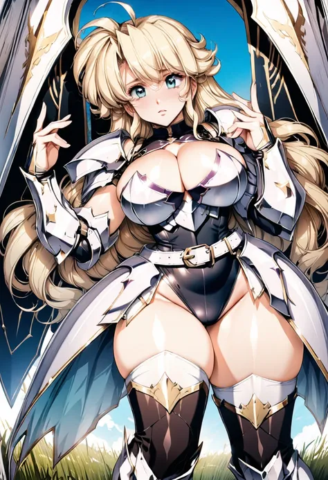 ((highest quality)), ((masterpiece)), ((hyperrealistic)), (detailed background), solo, 1girl, ((curvy: 1.2)), kawaii, sexy, ((armored dress: 1.3)), Blonde berry long wavy hair, Ahoge, (paladin magic armor), ((black tight-fitting leotard bodysuit)), ((huge ...