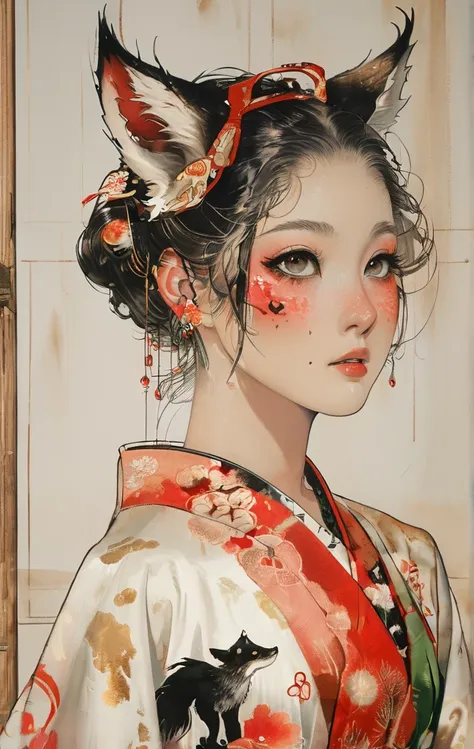 Upper body standing painting, Vision, panoramic, Honey, Solitary, Fair skin, (Fox ears), Exquisite eyes, Facial details, Green Eyes, Red Eyeshadow, lips are red, white magic dress, careful, Fake laugh, Ukiyo-e, masterpiece, high quality, at the lowest limi...