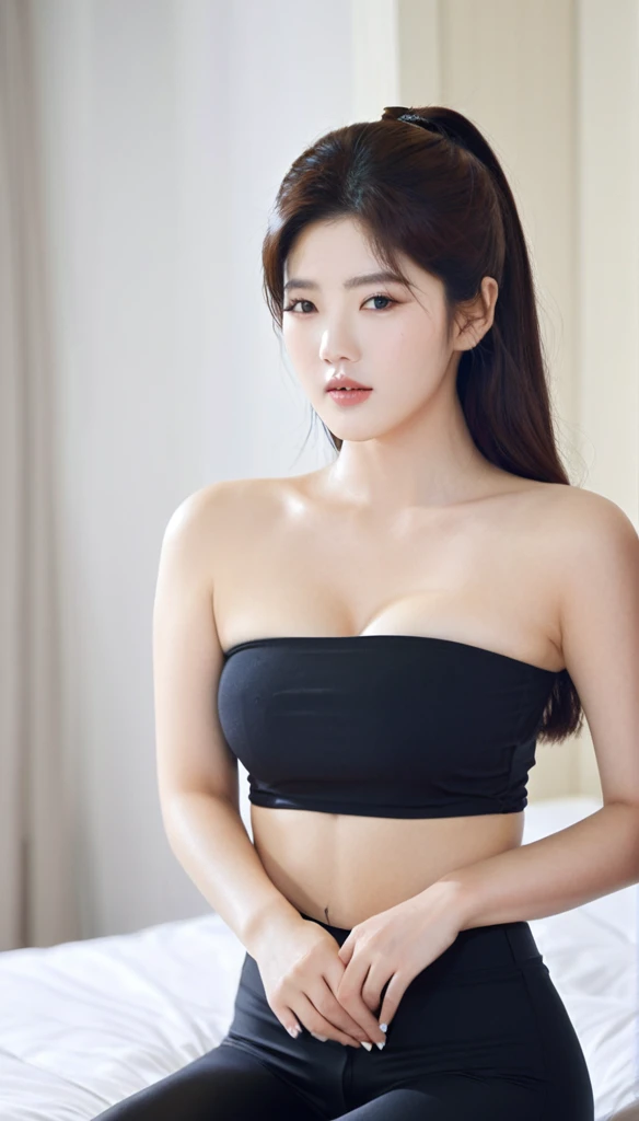 close-up of beautiful South Korean, Kwon Eunbi is a singer and actress, age 27 years old girl, youthful face, perfect body, white body skin, very long hair, black hair, straight hair, 38 inches breasts size, wearing a plain standard black strapless tube to...