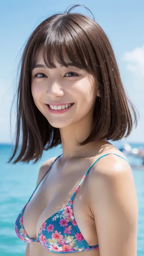 Real、Womens 1、clear、I have bangs.、Age 25、Mature、Medium Breast、sex appeal、Butt、((Highest quality, In 8K, masterpiece:1.3)), smile、Floral swimsuit、bikini、Beach、Ocean、Brown haired、(Blunt bangs:1.2)、、Maintain the original face proportions、Broad shoulders、Brown...