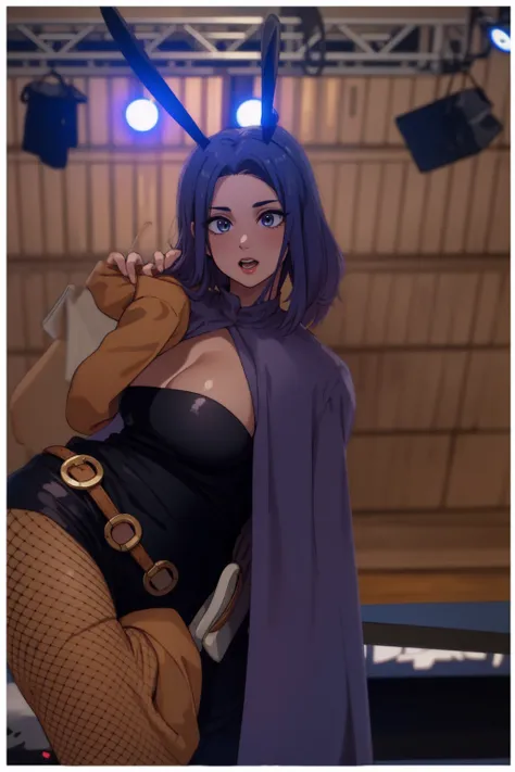 masterpiece, full body, 8k, ultra high definition, high quality, a young girl wearing a sexy outfit, fake bunny ears, purple fake hair, v sign with her fingers