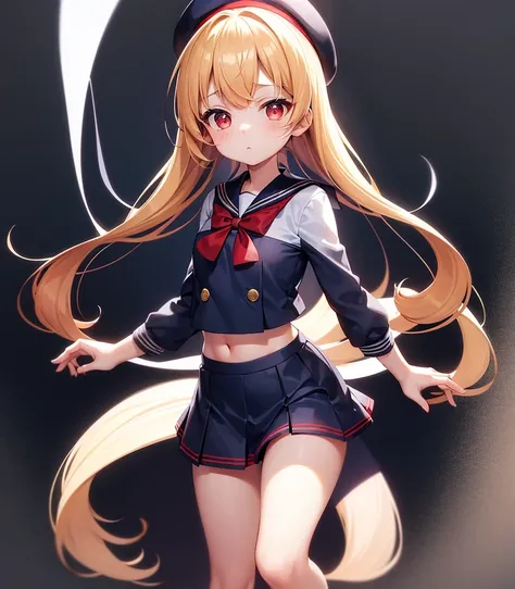 (Sailor suit),Big red ribbon,(((Navy Mini Skirt))),beret,,Cute little loli,Tiny Lori,Small girl,,Childish face, Very fine clean face,Top quality, Big eyes,Straight Hair,Yellow hair,Crimson Eye,(Dark Room), Subtle light, Natural light,Soft lighting,Light fr...