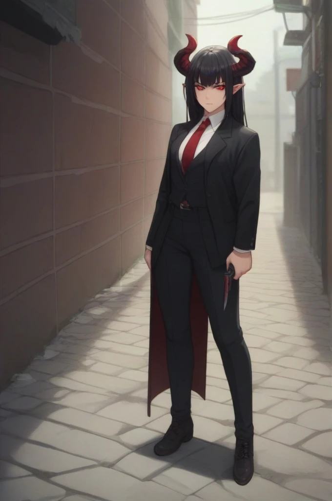 demon girl with black hair, red eyes, black horns, black suit with skirt holding a knife and a dark alley in the background