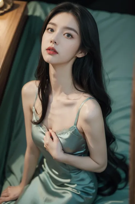 (((best quality))),(((ultra detailed))),(((masterpiece))),illustration,1girl,solo,slim,thin,small breasts,flat chest,shoulder length straight hair,cheongsam style lace nightgown, pitch-black bedroom, mouth wide open, rolling eyes, sticking out tongue, stun...