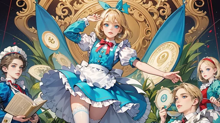 masterpiece, Highest quality, Portraiture, One Girl, (Alice in Wonderland:1.2), Blue clothes, White apron, Blonde, blue eyes, Usagi, Trump, Tea cup, White lace thigh high socks, Miniskirt lift, Dynamic pose,Electro Swing