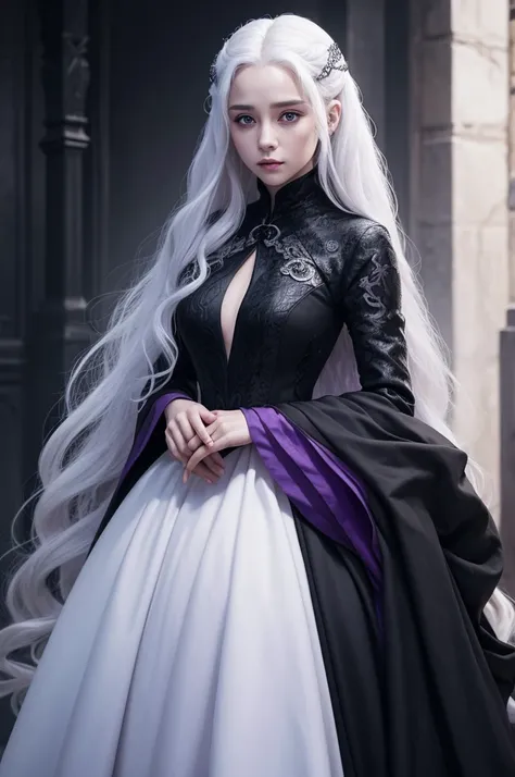 A Targaryen woman with long white hair, wearing a black dress, with purple eyes.