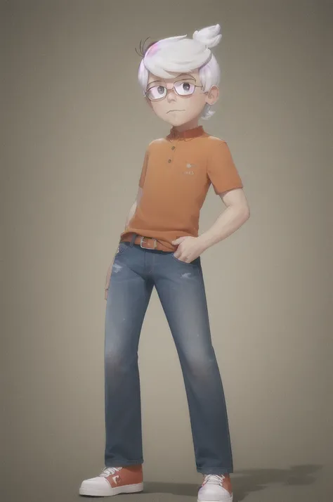 ((lincoln loud, 1boy)), long hair, white hair, blue jeans pants, freckles, body freckles, solo