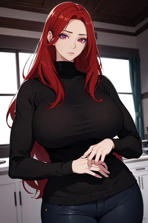 (Uhd, Masterpiece, Textured Skin, Super Detail, High Details, High Quality, Best Quality), Detailed Face, 1woman, mature pretty woman, Long red hair, (black sweater), (black pants), (Huge Body:1.5, tall), standing