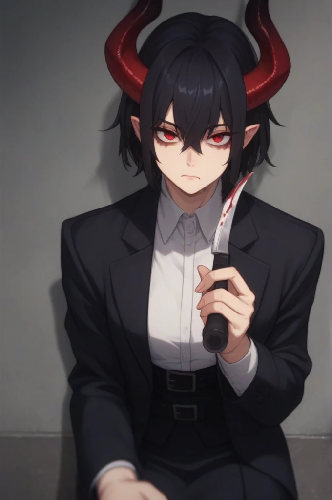 black hair demon girl red eyes black horns black suit with skirt holding a knife and in the background of night without light in...