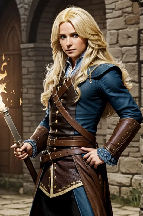 A 30-year-old woman RPG is a fantasy-based musketeer, full body blonde hair his clothing is dark