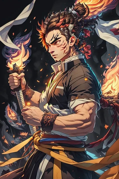 ((best qualityer)), ((work of art)), (detailded), (8k resolution), Kimetsu no Yaiba, adult man, experienced swordsman, Large katana rich in details, red traces on the face, Red neon aura, flames in the background, white kimono, Slightly dark hair, groundbr...