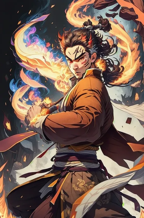 ((best qualityer)), ((work of art)), (detailded), (8k resolution), Kimetsu no Yaiba, adult man, experienced swordsman, Large katana rich in details, red traces on the face, Red neon aura, flames in the background, white kimono, Slightly dark hair, groundbr...