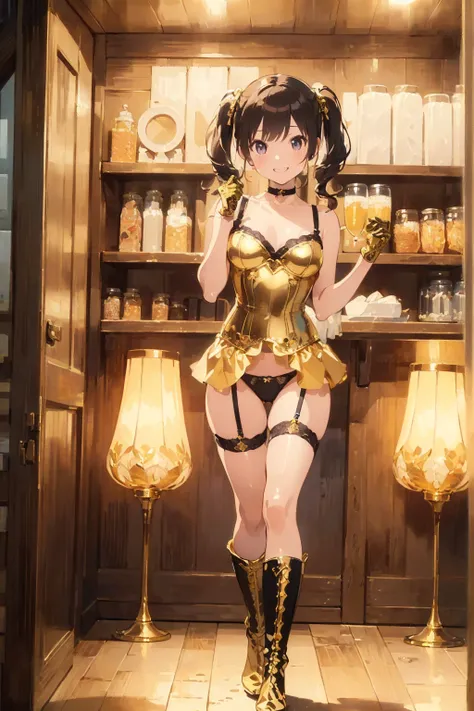 (masterpiece:1.8),(Highest quality:1.8),(Very detailed:1.8),(8K:1.8),(Ultra-fine Illustration:1.5),Cute Single Mature Women,skinny,Small Ass,Straight twin tails,Flat Chest,Small breasts,(Shiny metallic gold,good,panties),,Gold Corset,choker,Gold Long Glove...