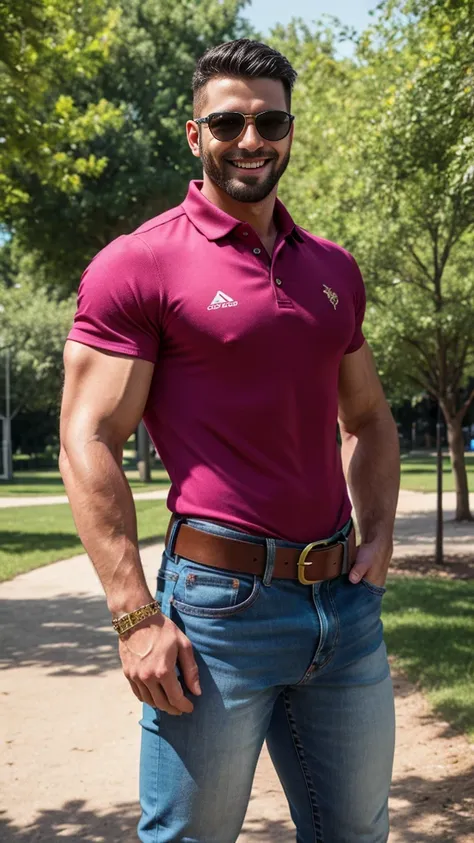 Handsome muscular latino man beard, strong and muscular legs, big lump, artwork, smiling, super sexy in jeans and pink polo shirt with blackstripes 8k ultra realistic masterpiece great detail next to a font super muscular , sexy , in the park, 30 years old...