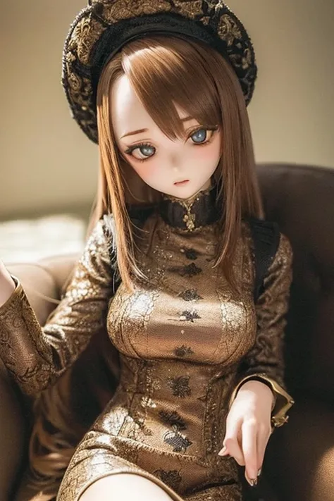 photorealistic, realistic photo, ((highest quality)), ((masterpiece)), detailed, kukolnydom, doll, (mature woman, 22yo, 22 years old:1.6), solo, ((cowboy shot, sitting on sofa, reclining on sofa, skinny, slender, slim, parted lips)), green eyes, brown hair...