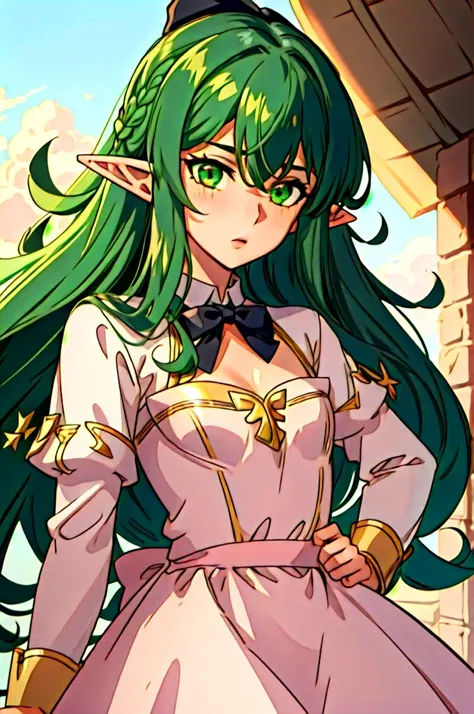 (masterpiece, best quality), intricate details, 1boy, high_elf_archer, elf, pointy ears, long hair, sidelocks, bow, hair bow, black bow, small breasts, hair between eyes, green hair, peachdress, pink dress