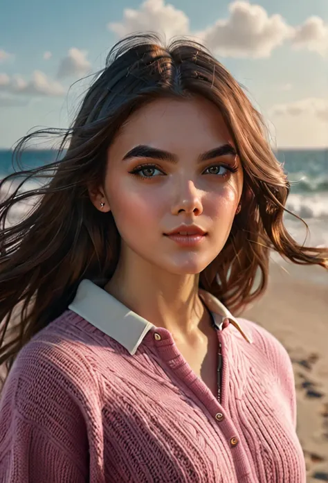 (20 year old woman on a beach, long brown hair, sporty body, beautiful detailed eyes, beautiful detailed lips, extremely detailed face and features, long eyelashes, elegant woman, graceful pose, soft warm lighting, cinematic lighting, Simple pink sweater, ...