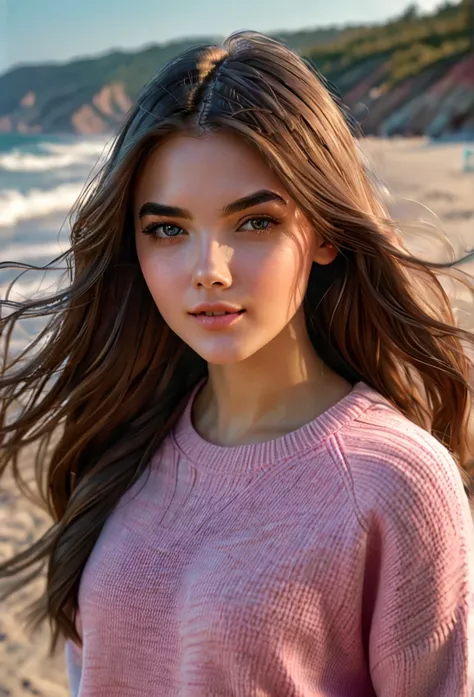 (20 year old woman on a beach, long brown hair, sporty body, beautiful detailed eyes, beautiful detailed lips, extremely detailed face and features, long eyelashes, elegant woman, graceful pose, soft warm lighting, cinematic lighting, Simple pink sweater, ...