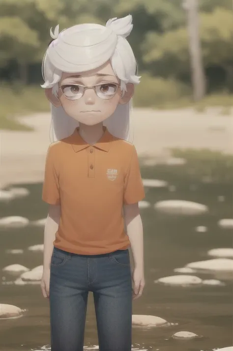 ((lincoln loud, 1boy)), long hair, white hair, organe polo shirt, blue jeans pants, freckles, body freckles, solo he is stuck in...