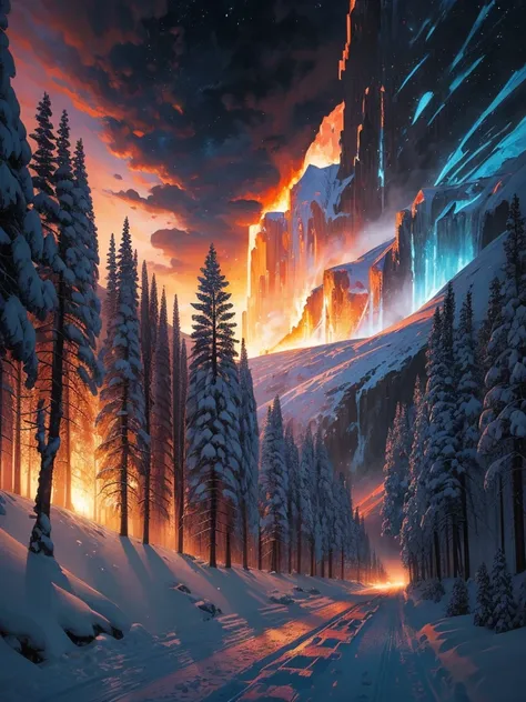 arafed road with snow and trees on both sides and a sunset in the background, fire and ice, by Cedric Peyravernay, icy road on a planet of lava, by Darek Zabrocki, by Muggur, snowy italian road, by Zoran Mušič, orange fire/blue ice duality!, by Maurice Est...