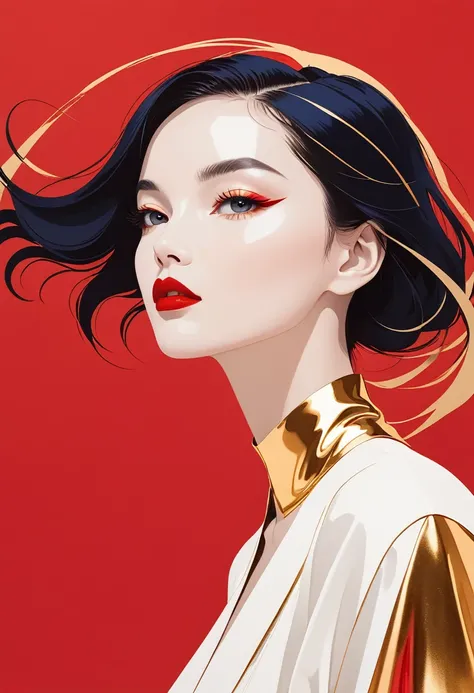 a flat illustration of a fashion girl, exaggerated pose,sapphire red vs gold cloth and hair,minimalist art,pure klein red background, in the style of suprematism ，elegant Shanghai woman,beautiful eyes,long eyelashes,red lips,random shots,smooth lines, pure...