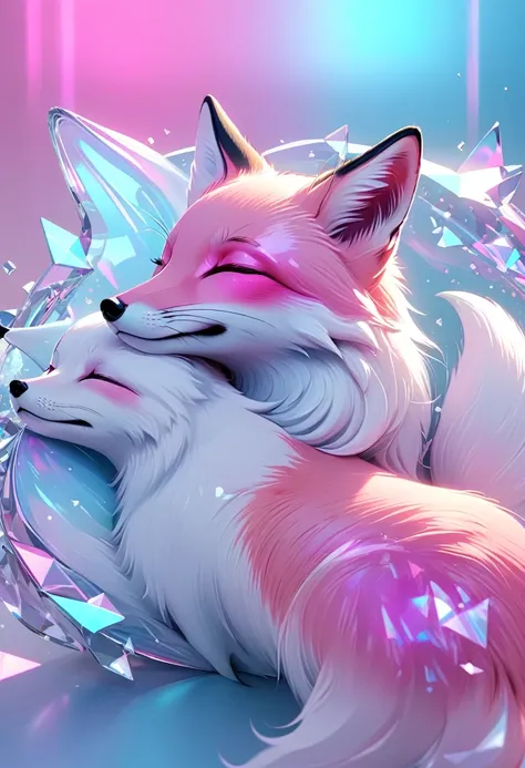 cute sleeping fox, solid, profile, sleek glass thickness, transparent, pink and white and blue and silver holographic, smooth color background, Cinematic lighting,rendering, 8K