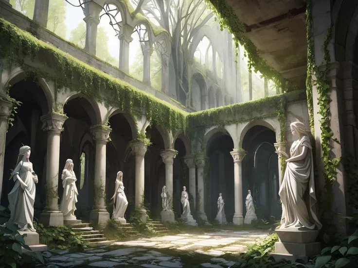 Abandoned monastery complex in the forest, Covered in ivy, Elvish motifs, Elegant and refined. Elf statues, renaissance