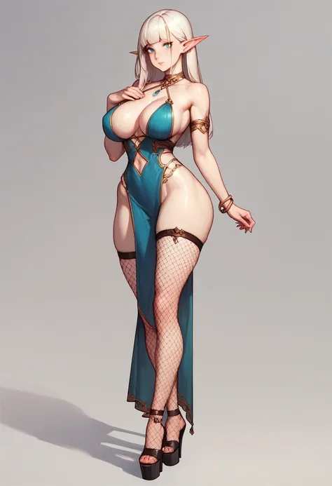 Big breast, big hips, elf ears, elf, albino skin, blue eyes, thin purple sexy pelvic curtain dress, fishnet stockings, Peep-toe ankle strap platform heel shoes,