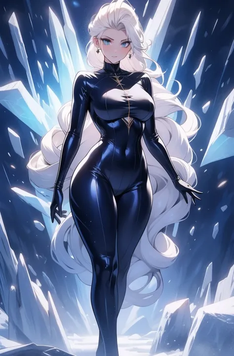 female, solo, young, sexy body, voluptuous figure, tightsuit, white hair, decolored blonde hair, ice effects around, ice queen, ...