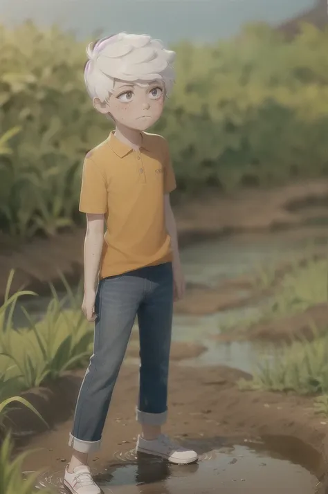 ((lincoln loud, 1boy)), long hair, white hair, organe polo shirt, blue jeans pants, freckles, body freckles, solo he is stuck in muddy quicksand sinking deeper reaches his upper chest