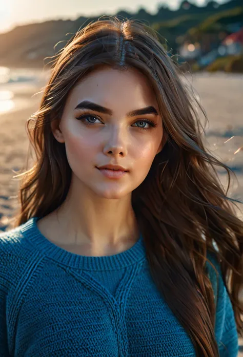 (20 year old woman on a beach, long brown hair, sporty body, beautiful detailed eyes, beautiful detailed lips, extremely detailed face and features, long eyelashes, elegant woman, graceful pose, soft warm lighting, cinematic lighting, Simple blue sweater, ...