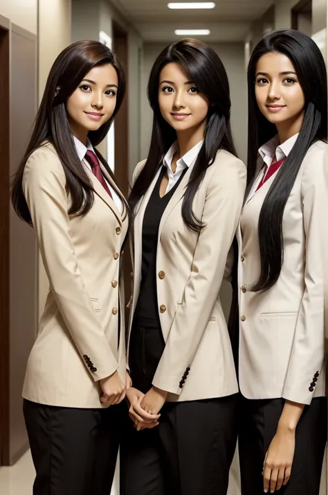 An anime half body photo. Three best friends, all girls. First, with tan skin and black hair, second to the tallest, wearing engineer attire. Second, with tan skin and black hair, tallest, wearing a corporate lawyer attire. Third, with fair skin and dark b...