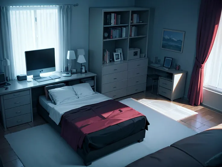 A dark bedroom with just a PC、No people