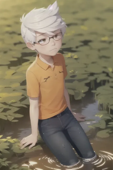 ((lincoln loud, 1boy)), long hair, white hair, sexy thighs, organe polo shirt, blue jeans pants, freckles, body freckles, solo h...