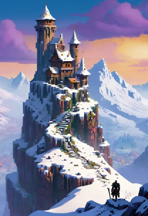 valley with ruins on the top of snowy mountain with medievil soldier on top