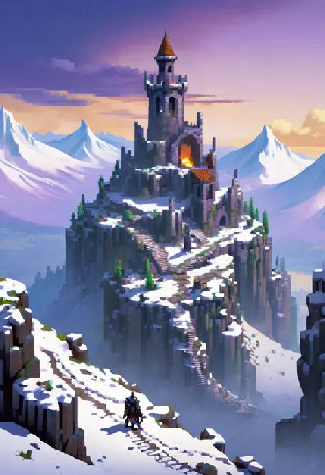 valley with ruins on the top of snowy mountain with medievil soldier on top