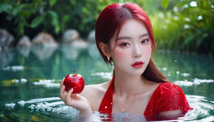 Summer red apple girl，Dopamine teenage， Cool summer days，Ice cubes，The watery girl，Delicate skin，Hydration，Shiny，Shiny，dream，Front view，bust，pearl，Red apple fruit