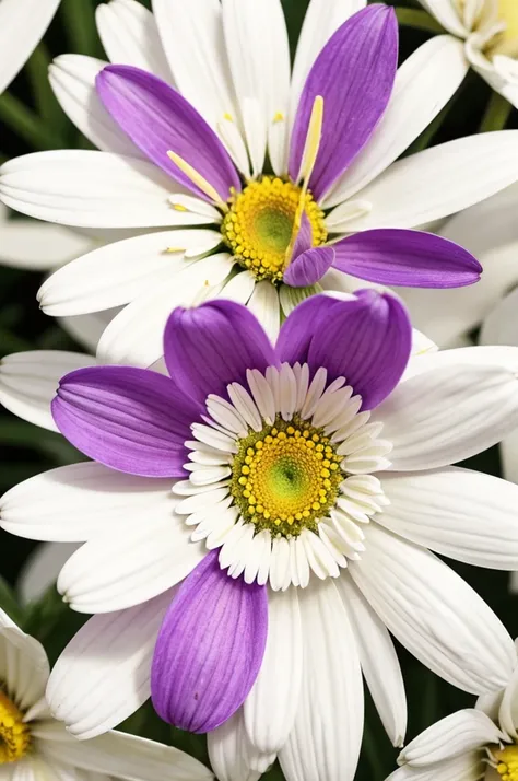 drawn white daisy flowers trimmed in purple, yellow middle, Mustang Sally