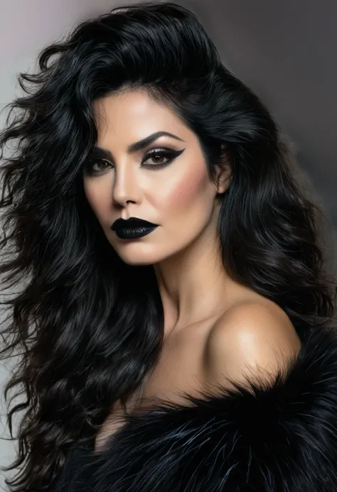 a closeup of a woman with long black hair and a black top, dark hair and makeup, black fur cuervo, black fur oscuro, dark lipstick, long black fur, black fur largo ondulado, dark hair, dark hair, dark hair, black fur azabache, Lush unkempt black hair, blac...