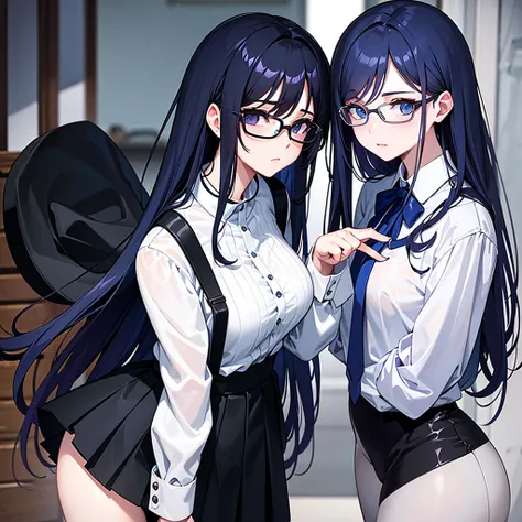 A pretty pretty adult, pale long dark blue hair with eyes of the same color and wears glasses, She wears a blouse and a black skirt