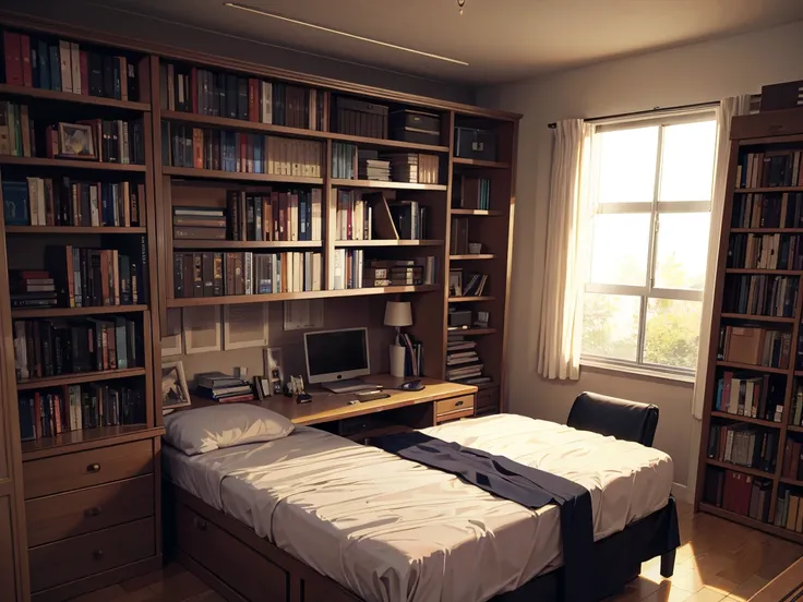 A dark bedroom completely covered with bookshelves、desk with a computer、No people