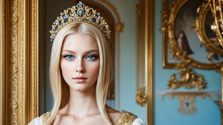 beautiful portrait of the empress, hair blonde, perfect blue eyes in the palace,Baroque style
