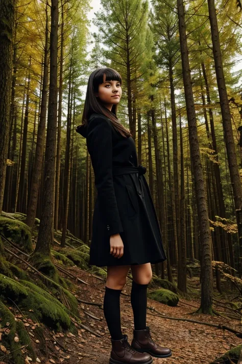 A girl posing and in the background a completely black forest