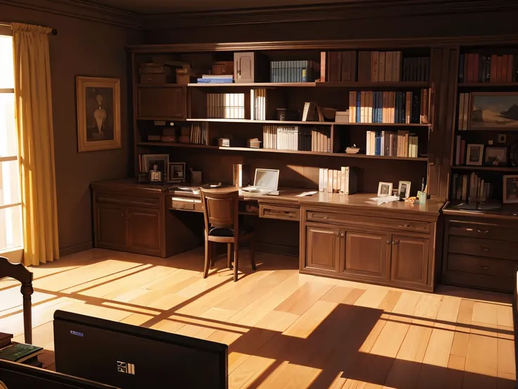 A dark room completely covered with bookshelves、desk with a computer、No people