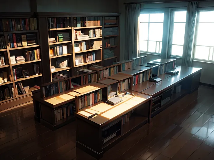 A dark room completely covered with bookshelves、desk with a computer、No people