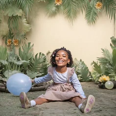 there is a guy sitting on the ground with a balloon, in a jungle environment, she is smiling and excited, smiling playfully, she expressing joy, portrait, colored background, young and cute, foto de portrait de un telón de fondo, foto de portrait, Happy , ...