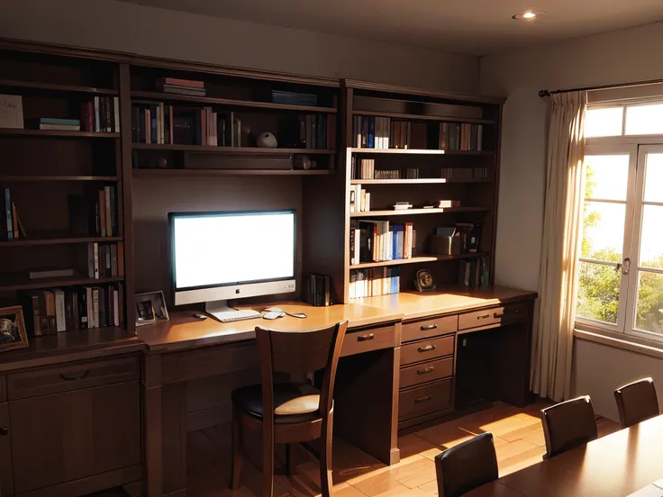 A dark room filled with bookshelves、desk with a computer、No people