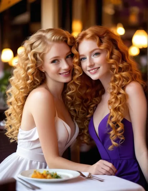 2 very attractive 25 year old girls, 1 long very curly ginger hair, wearing white dress, 1 long wavy platinum blonde hair, wearing purple  dress, sitting on a french restaurant having dinner, very romantic, very much in love, very realistic