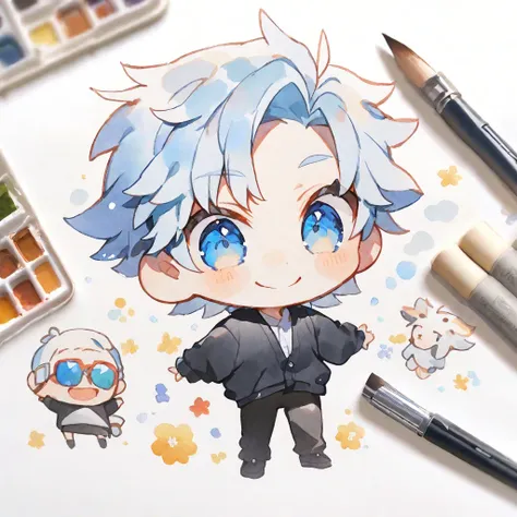 solo, handsome, Watercolor ,CHIBI,1/2, mini-character, 
1. male, 
Straight hair, Bob hair,light blue Hair,Blue eyes＆Soft look ,
Gojo Satoru,18 years old,black cardigan,sweater,skin,smile,White background