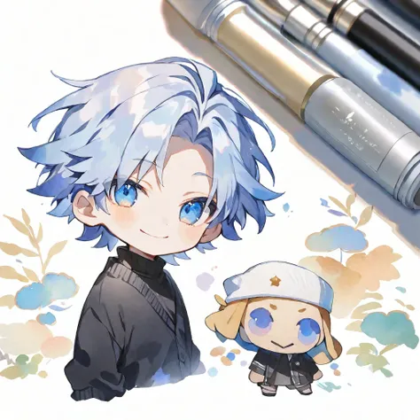 solo, handsome, Watercolor ,CHIBI,1/2, mini-character, 
1. male, 
Straight hair, Bob hair,light blue Hair,Blue eyes＆Soft look ,
Gojo Satoru,18 years old,black cardigan,sweater,skin,smile,White background